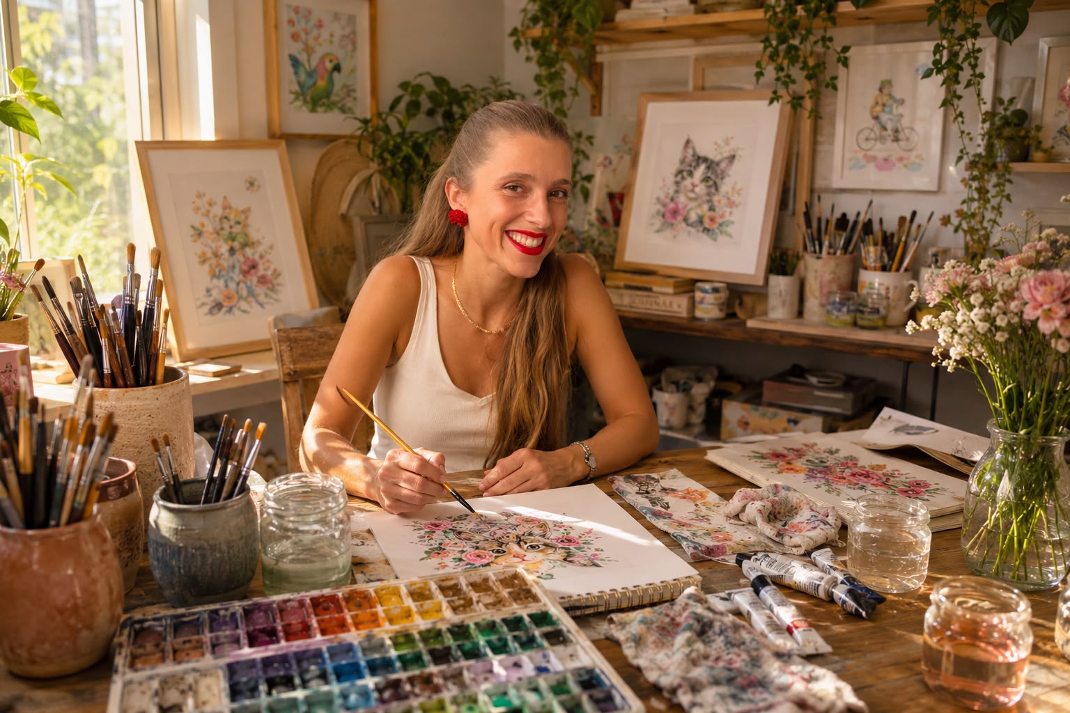 Céline painting watercolor in her sunlit studio
