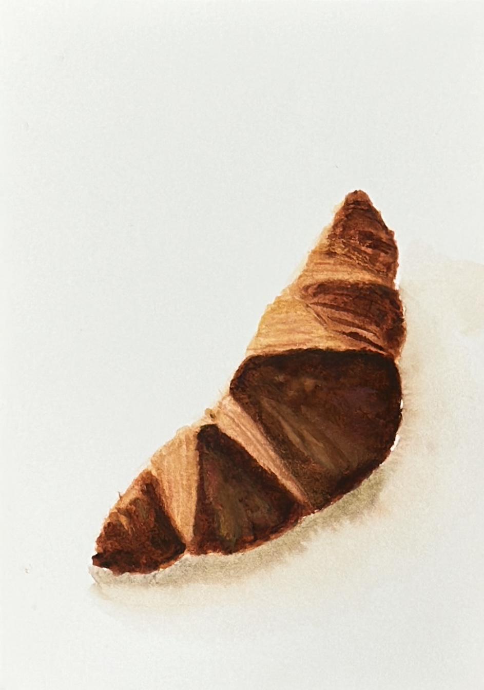 Original hand-painted chocolate croissant watercolor greeting card, a flaky pain au chocolat in warm browns, by Céline