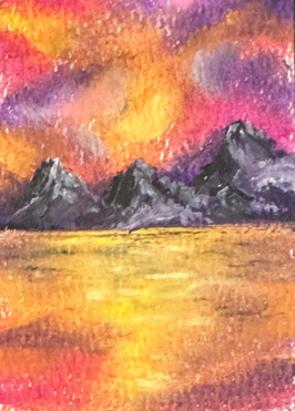 Miniature ACEO painting of dark mountain peaks against a magenta and amber sunset above golden water, by Céline