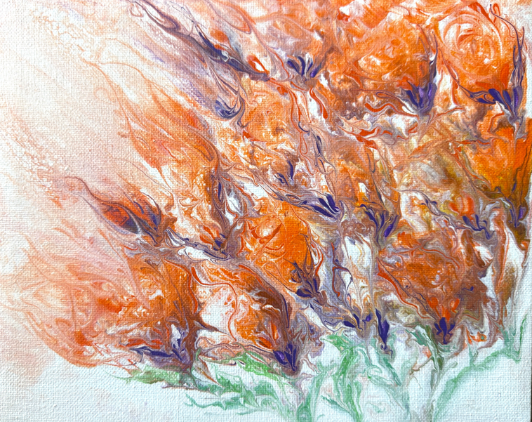 An orange abstract floral acrylic painting with coral and burnt orange blooms, violet and deep blue petal flicks, and soft green stems on a pale textured canvas, by Céline