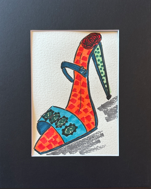 A colorful high heel fashion illustration of a tangerine check, teal and polka-dot green stiletto with a scarlet rose at the ankle, matted in black, by Céline