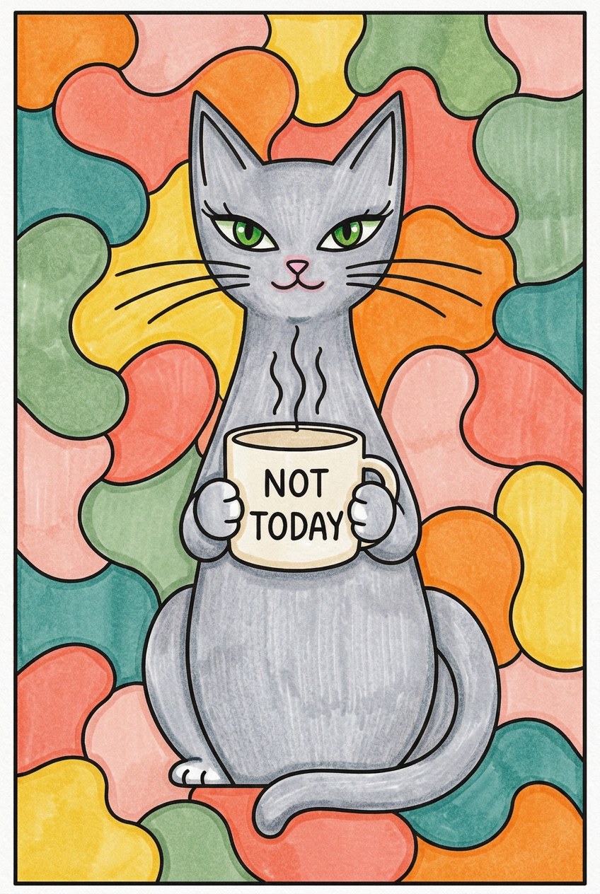 Free printable cat coloring page — a hand-drawn cat holding a NOT TODAY mug on a stained-glass background of rounded shapes