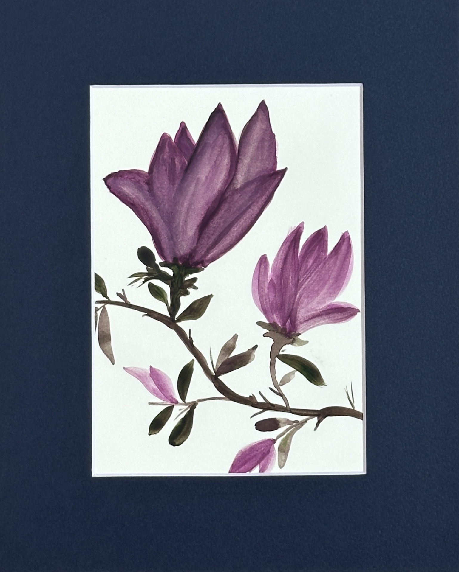 Original purple magnolia watercolor painting with two blooms on a bare branch, matted to 8 x 10 in, by Céline