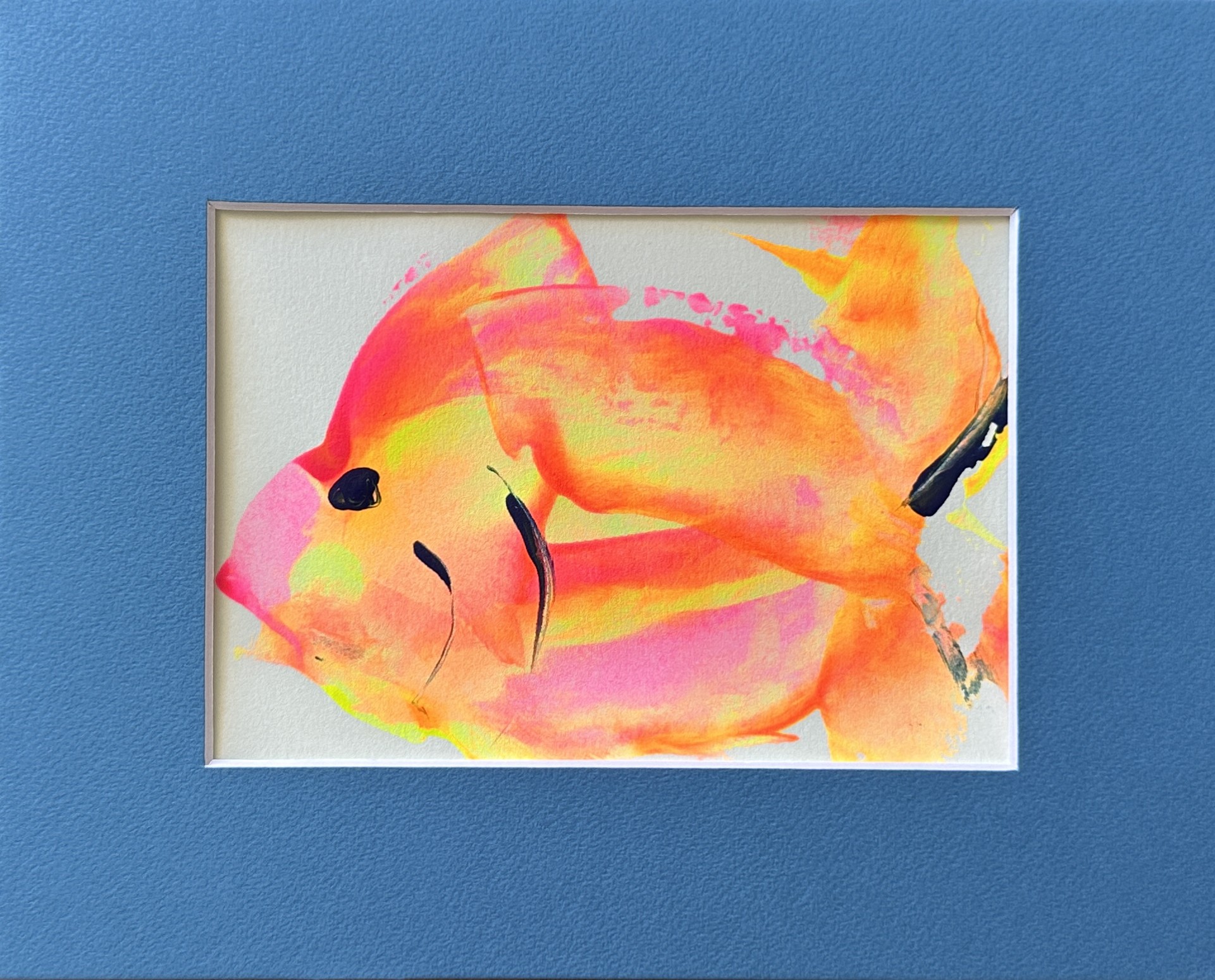 A neon pink and orange fish painting in fluorescent acrylic on paper, matted to 8 x 10 in, by Céline