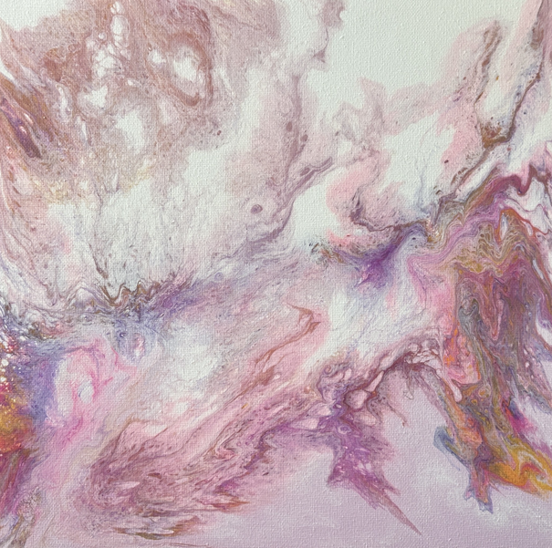 A pink and gold abstract pour painting with blush, mauve and soft violet marbling and veins of copper and gold on a 12 x 12 canvas, by Céline