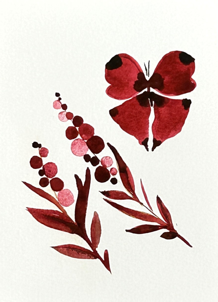 Original minimalist crimson butterfly watercolor painting with two red botanical stems on soft white paper, 5 x 7 in, by Céline