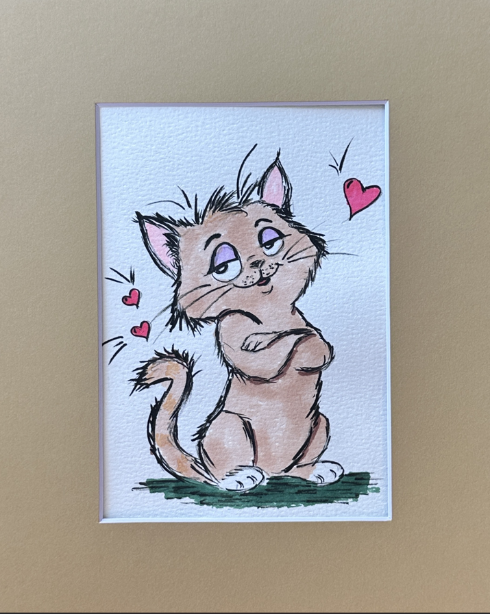 A cute cat with hearts original illustration of a bashful caramel tabby with paws tucked and pink hearts, matted in cream, by Céline