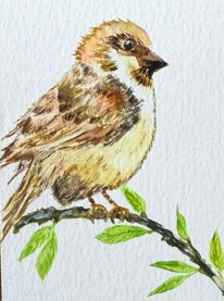 Close-up of the original watercolor sparrow painting without the frame, showing the brushwork, by Céline