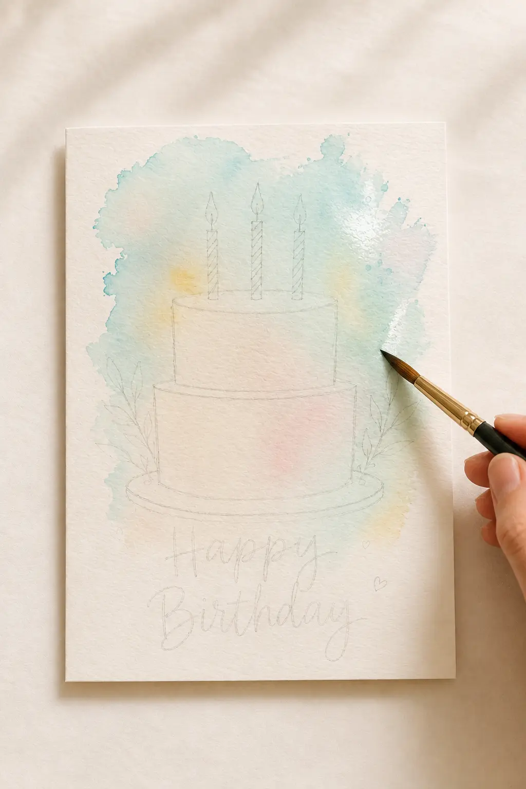 Wet-on-wet background wash for a beginner watercolor birthday card.