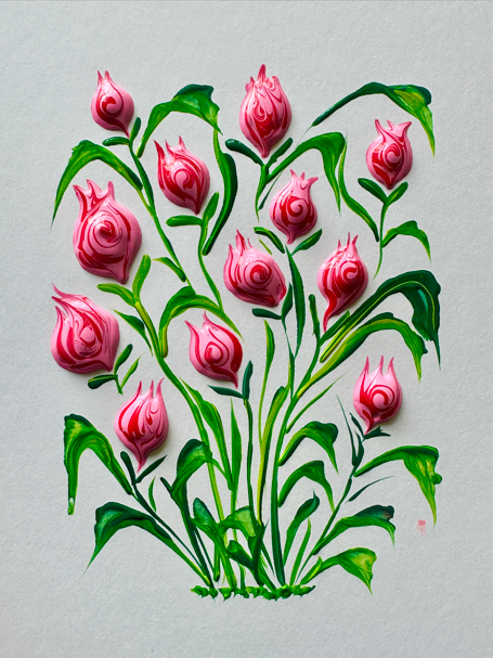 An original pink tulip painting in thick textured acrylic with green stems and leaves on a cream background, matted and ready to frame, by Céline
