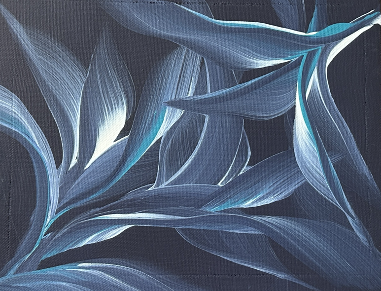 A navy and silver botanical acrylic painting with long leaves sweeping across a deep midnight ground, by Céline