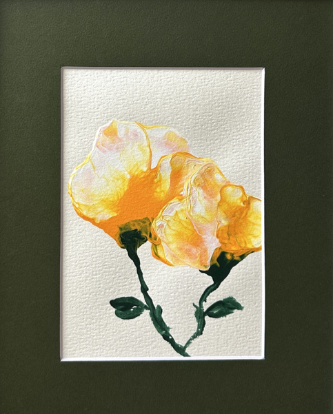 An original yellow rose acrylic painting with two golden blooms and deep green stems, matted in deep olive to 8 x 10 in, by Céline
