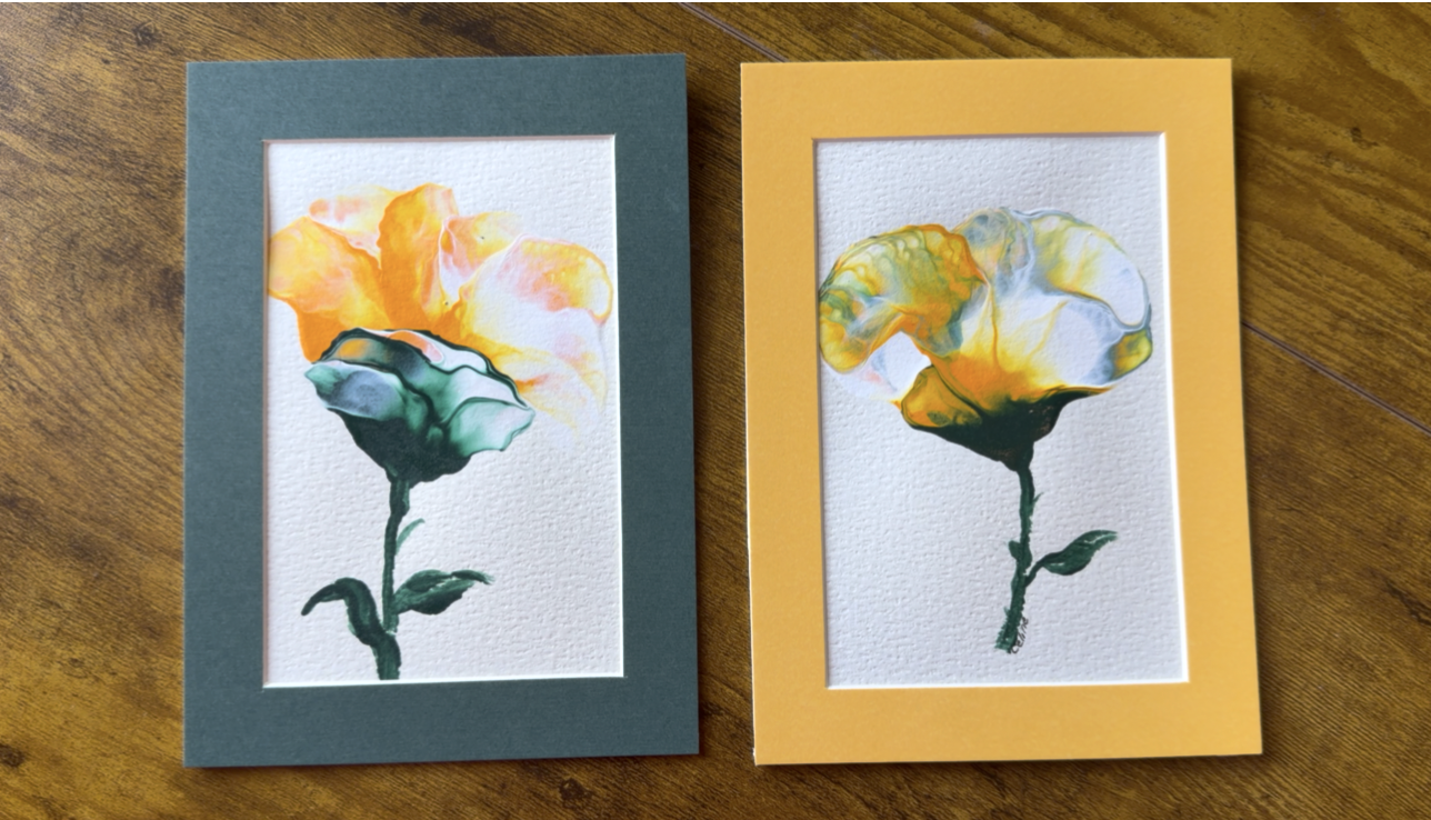 Set of two original abstract floral paintings in gold, tangerine and teal fluid acrylic, matted in slate and marigold, by Céline