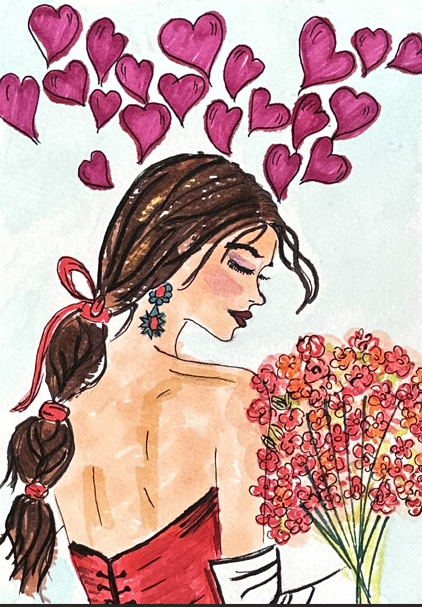 Original romantic fashion illustration watercolor painting of a woman in a red corset top with ribbon-tied hair, coral bouquet, and magenta hearts, matted 5 x 7 in, by Céline