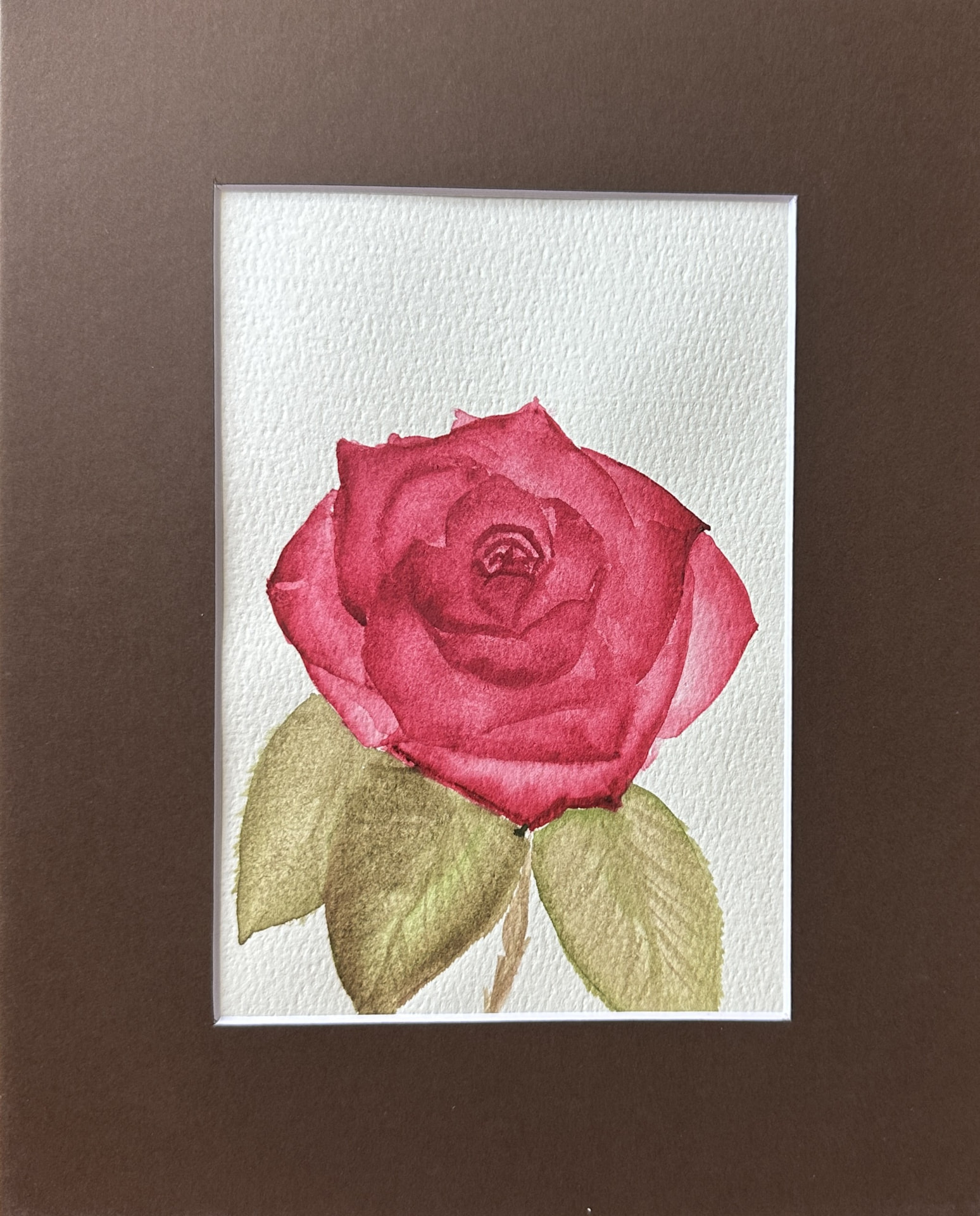 Original deep red rose watercolor painting in layered crimson with soft olive leaves, by Céline