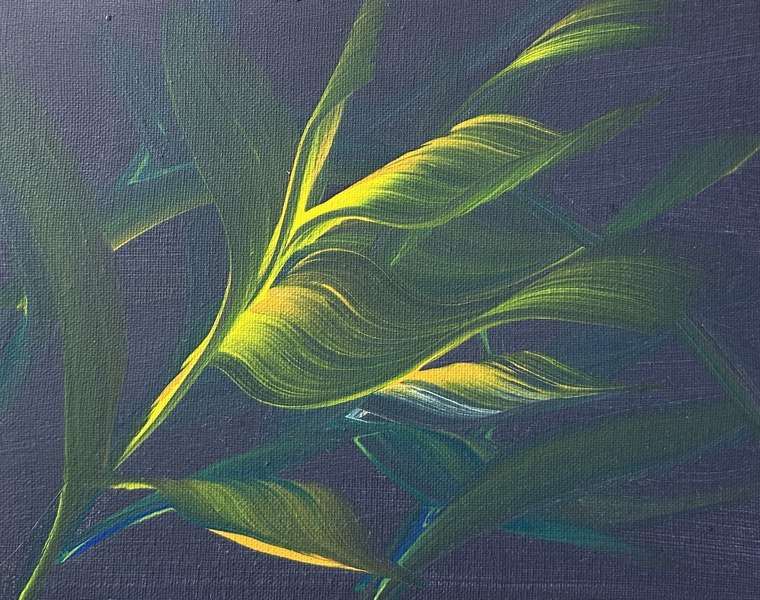 A dark green tropical leaf acrylic painting with chartreuse and emerald fronds, gold and turquoise edge highlights, on a deep slate-blue ground, by Céline