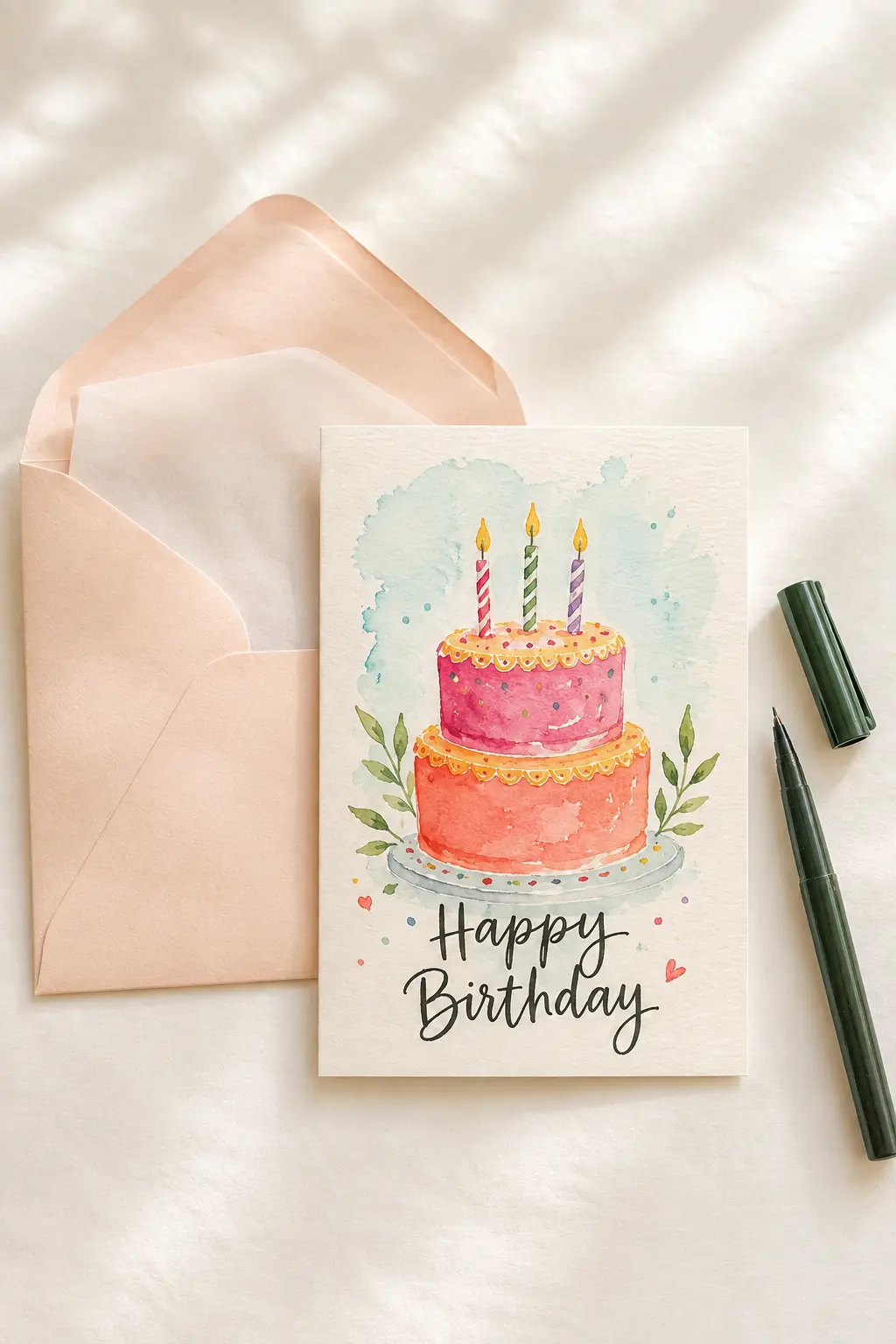 Finished handmade watercolor birthday card ready to mail in an envelope.