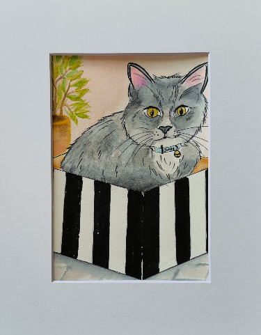 Original hand-painted grey cat in a striped box watercolor painting with a peach wash and houseplant, matted to 8 x 10 in, by Céline
