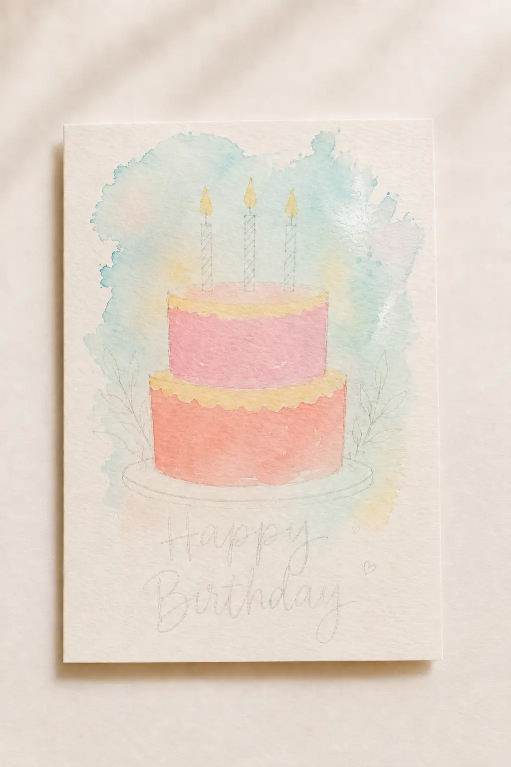 Painting a simple cake motif on a watercolor birthday card step by step.