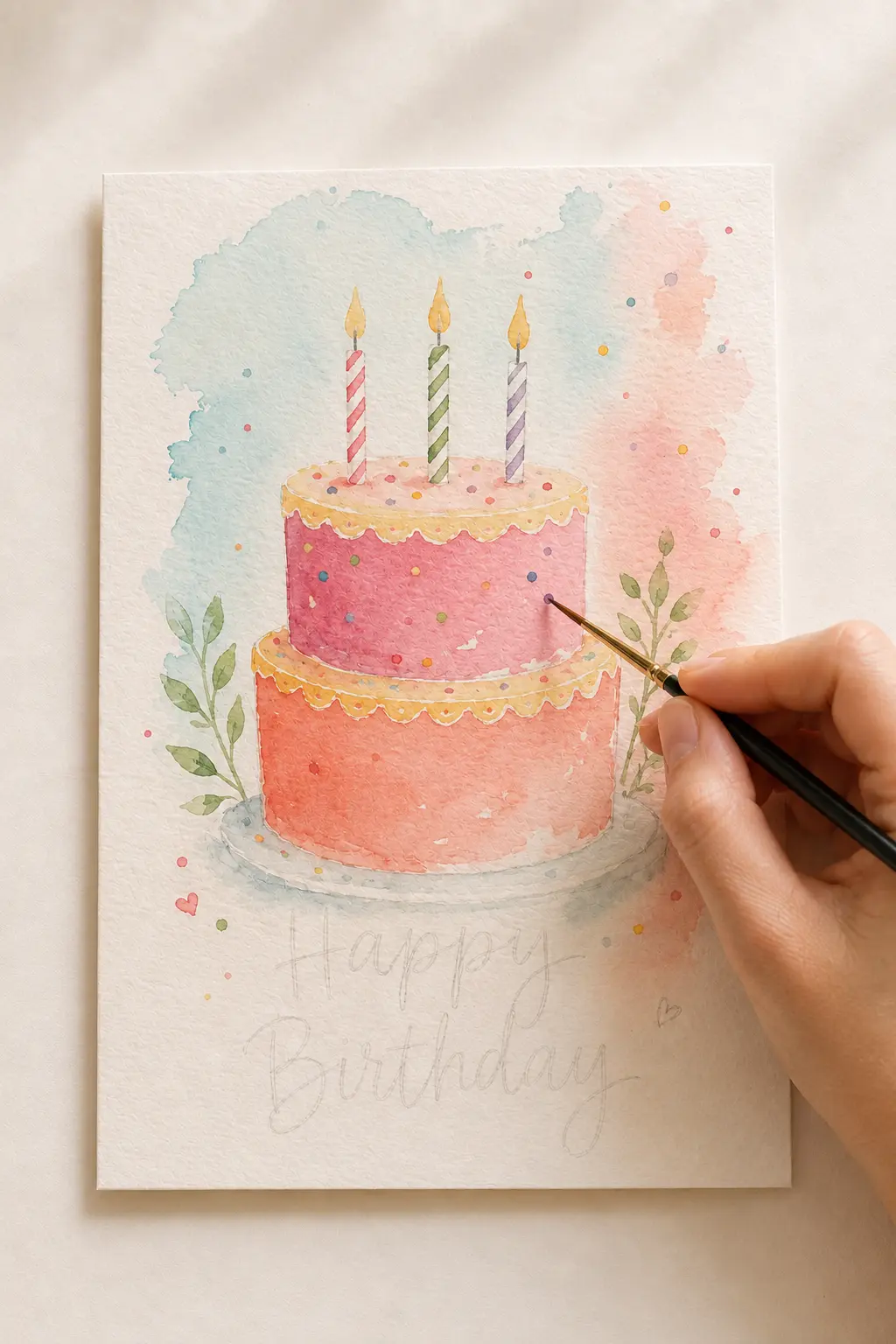 Adding easy painted details to a handmade watercolor birthday card.