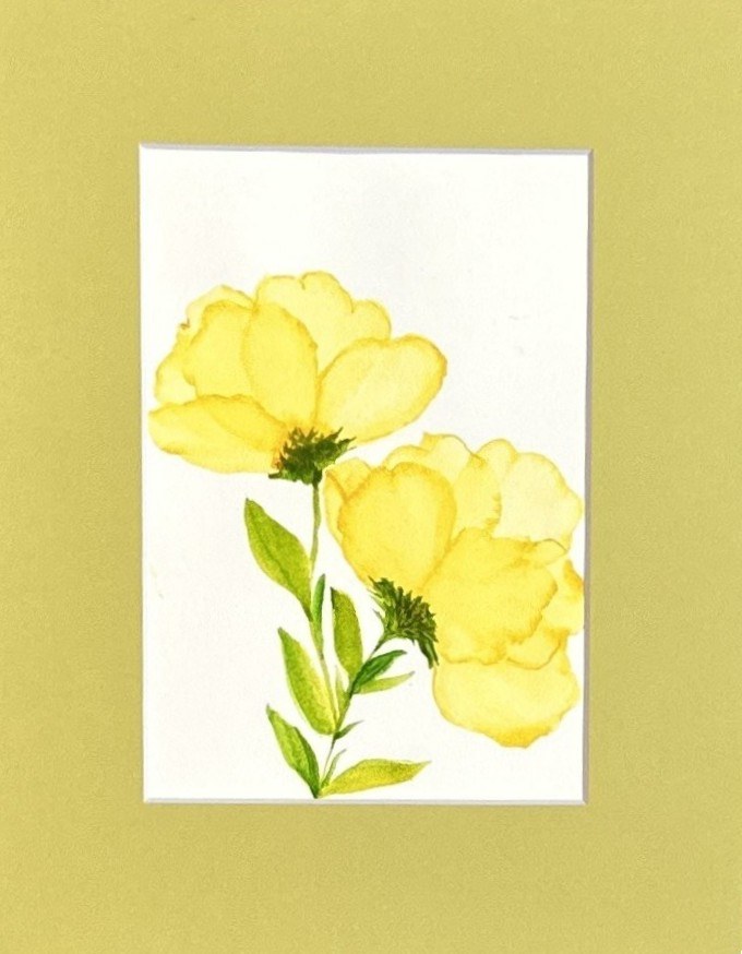 Original yellow flower watercolor painting with two buttercup-yellow blooms on a green stem, matted to 8 x 10 in, by Céline