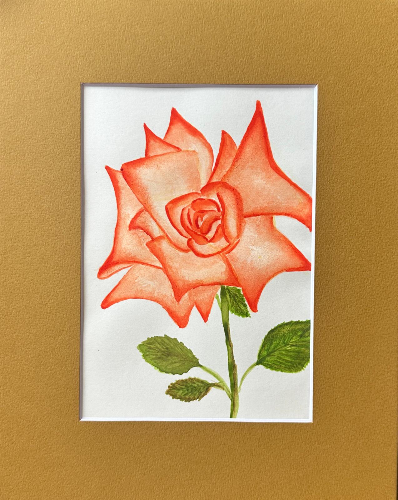 Original coral orange rose watercolor painting with blush petals and a green stem, by Céline