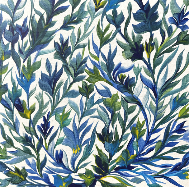 An original blue botanical acrylic painting with indigo, sage and teal leaves and small gold buds on warm cream, 12 x 12 in canvas, by Céline