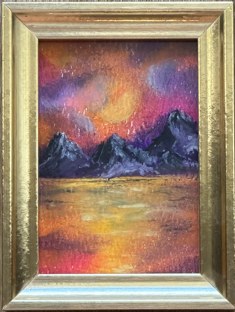 Miniature ACEO painting of dark mountain peaks against a magenta and amber sunset above golden water, by Céline