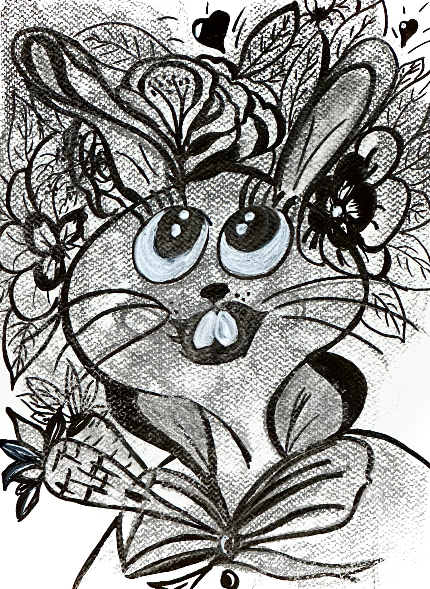 A hand drawn ink and charcoal illustration of a big-eyed bunny surrounded by flowers and leaves on textured paper, matted in white with a small hand-painted pink butterfly on the mat, by Céline