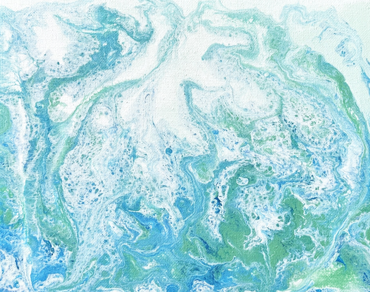 A blue and green ocean abstract pour painting with turquoise, seafoam and white swirling across an 8x10 canvas like water over a sandbar, by Céline