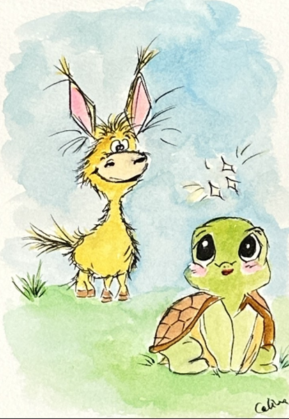 Original tortoise and hare watercolor nursery illustration with a yellow hare and green turtle on spring grass, 5 x 7 in, by Céline