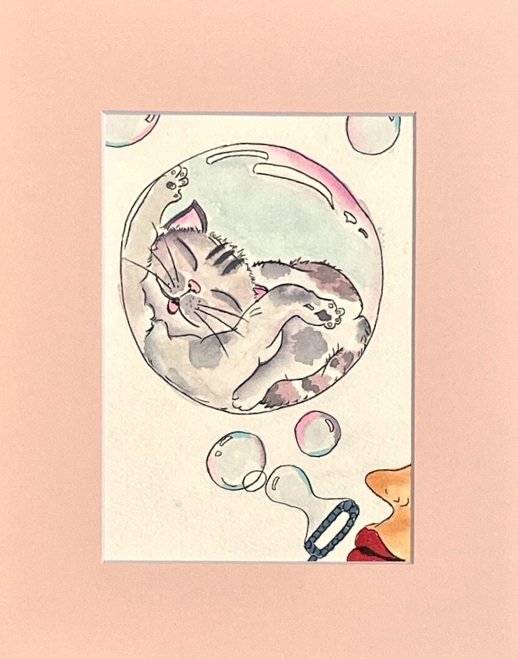 An original sleeping cat watercolor painting of a tabby curled inside a floating soap bubble in soft mint and blush, with a bubble wand and drifting bubbles, matted and ready to frame, by Céline