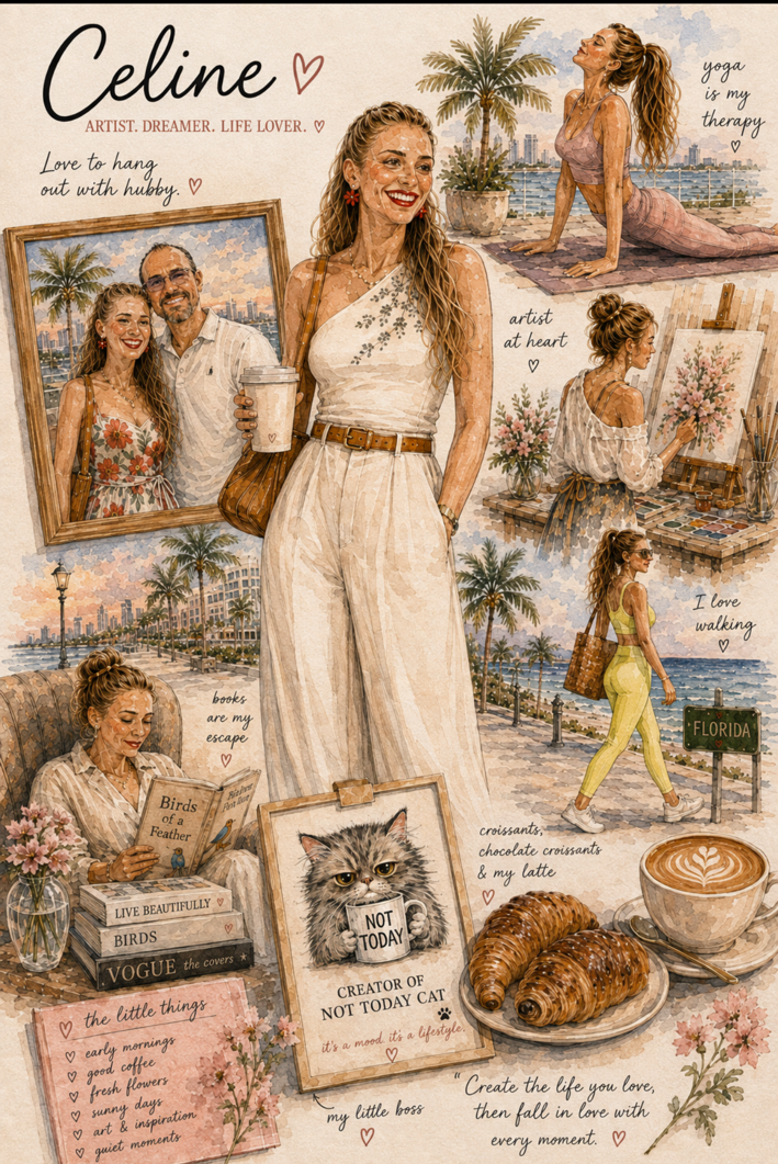 Illustrated watercolor portrait of Céline, artist, dreamer and life lover