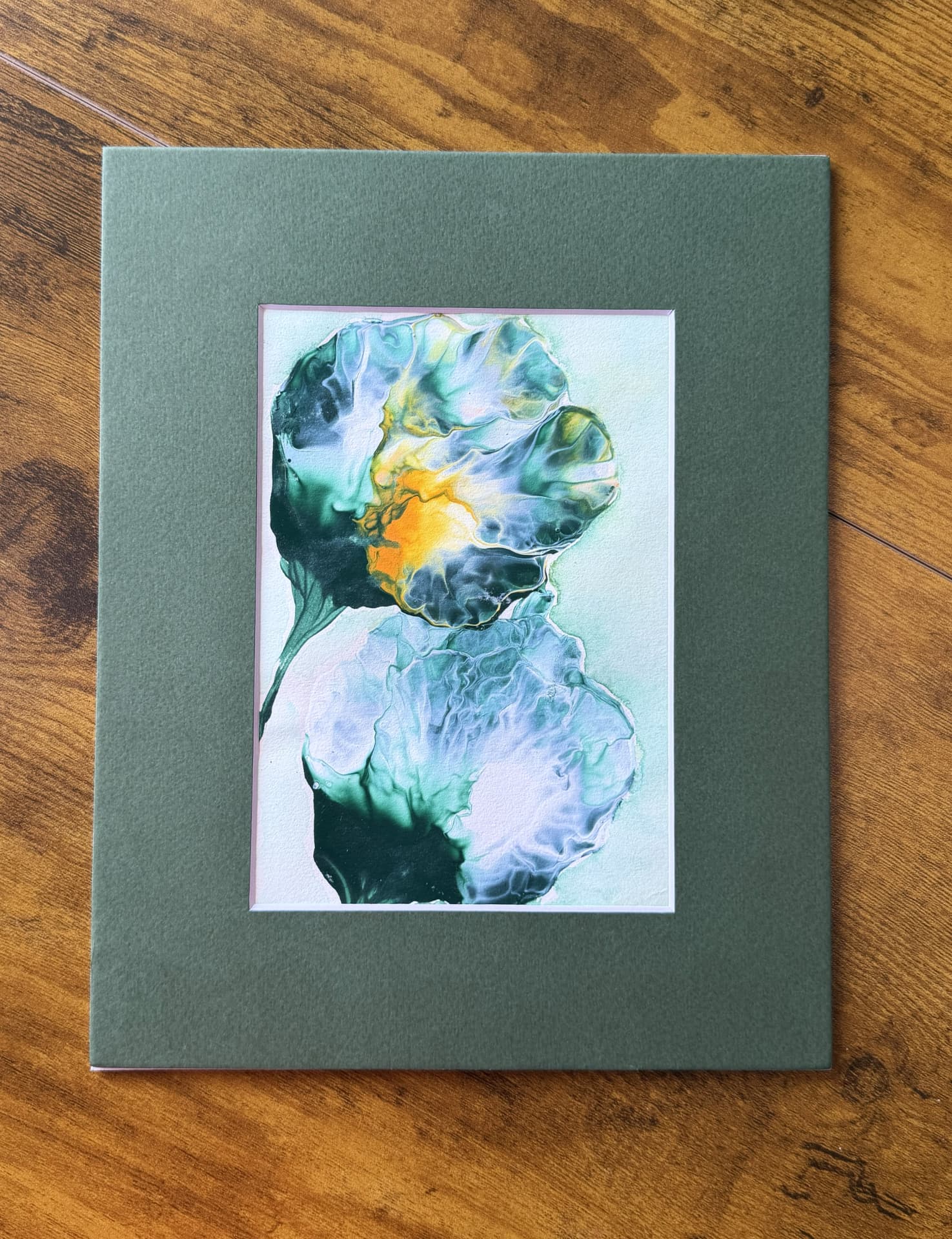 Original teal and emerald green flower painting with golden centre, matted in sage green, by Céline