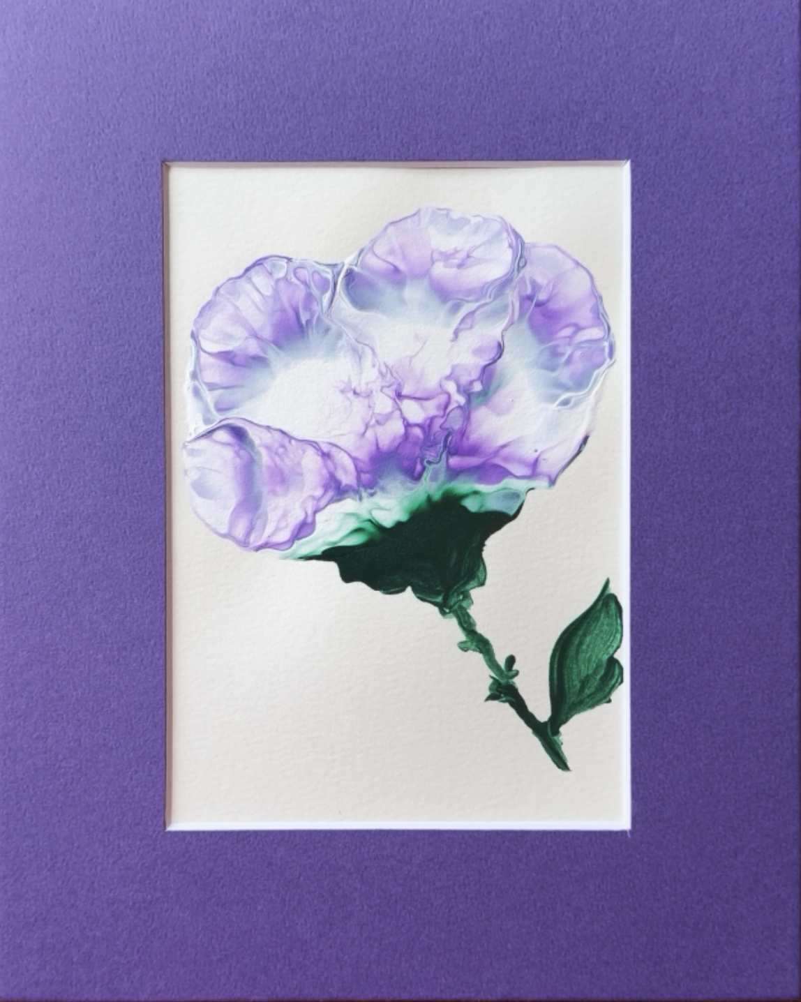 Original purple carnation flower painting in lilac and emerald green, matted in purple, by Céline