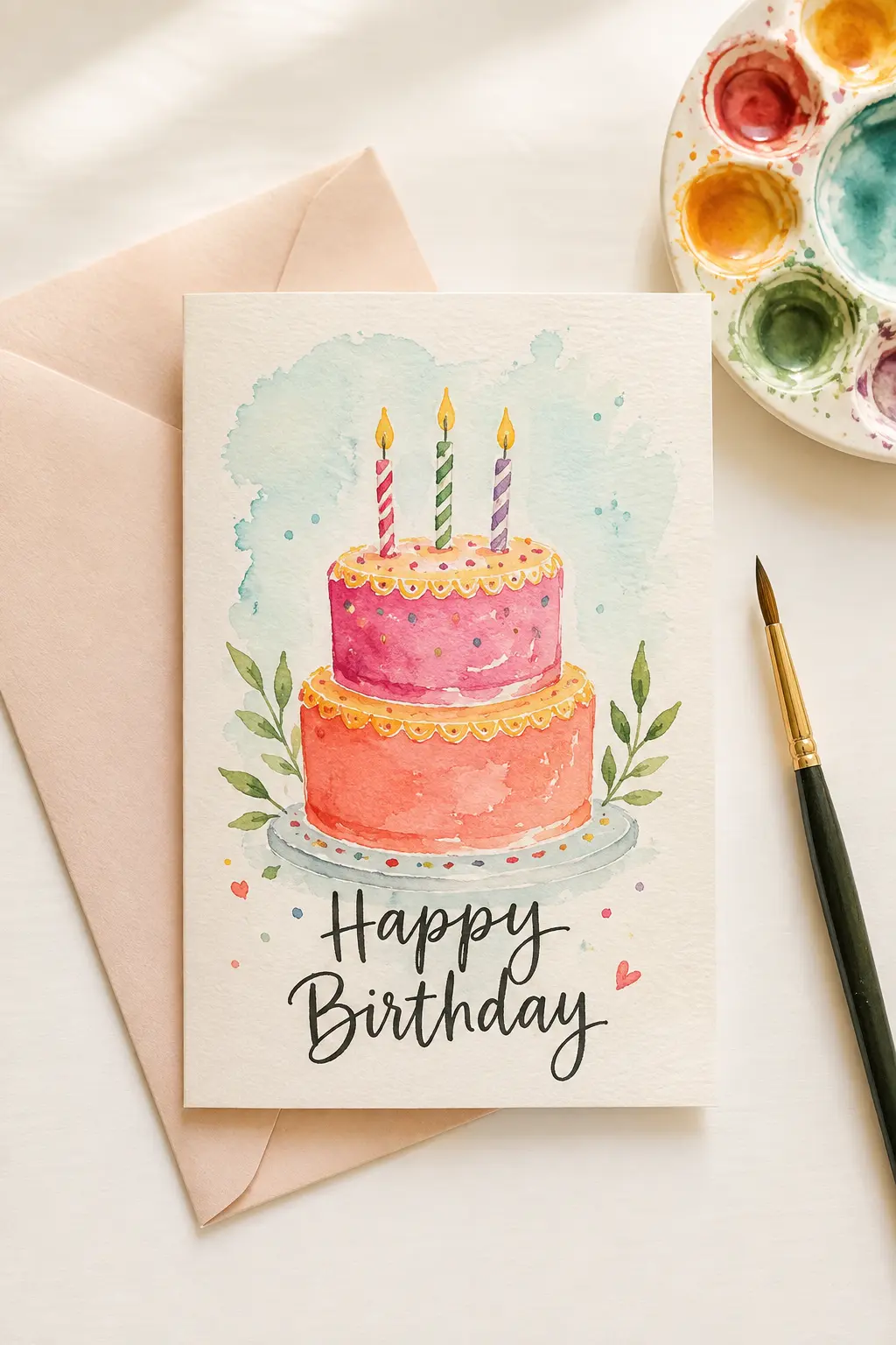 Finished handmade watercolor birthday card with colorful cake and hand-lettered greeting.