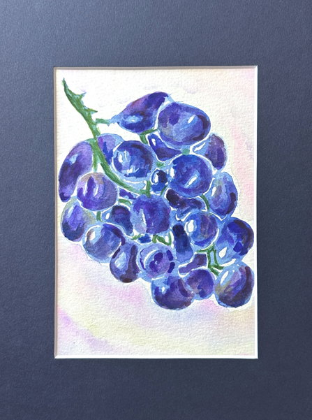 Original purple grape cluster watercolor painting with green vine on blush wash, framed 8 x 10 in, by Céline