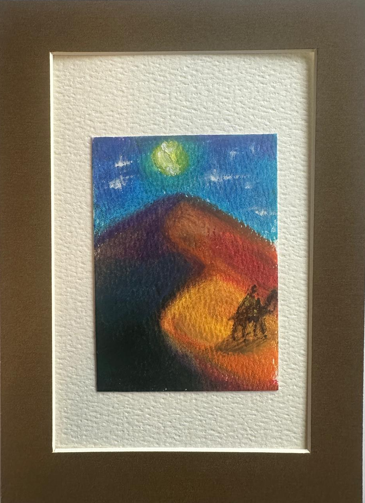 Miniature ACEO oil pastel painting of a camel and rider crossing moonlit desert dunes, by Céline