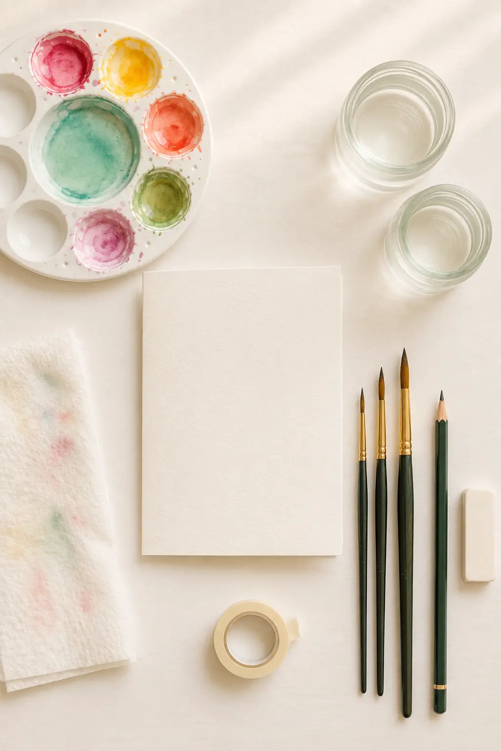 Simple supplies for painting watercolor birthday cards for beginners.