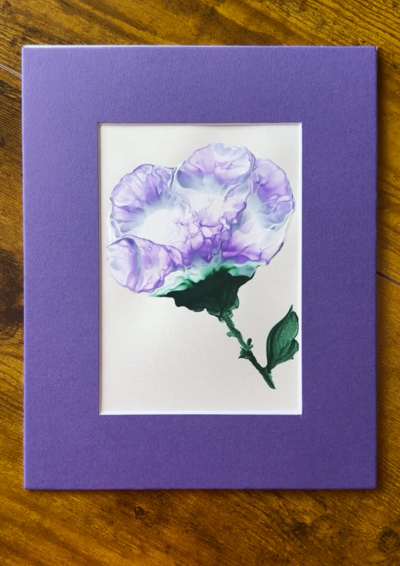 Original purple carnation flower painting in lilac and emerald green, matted in purple, by Céline