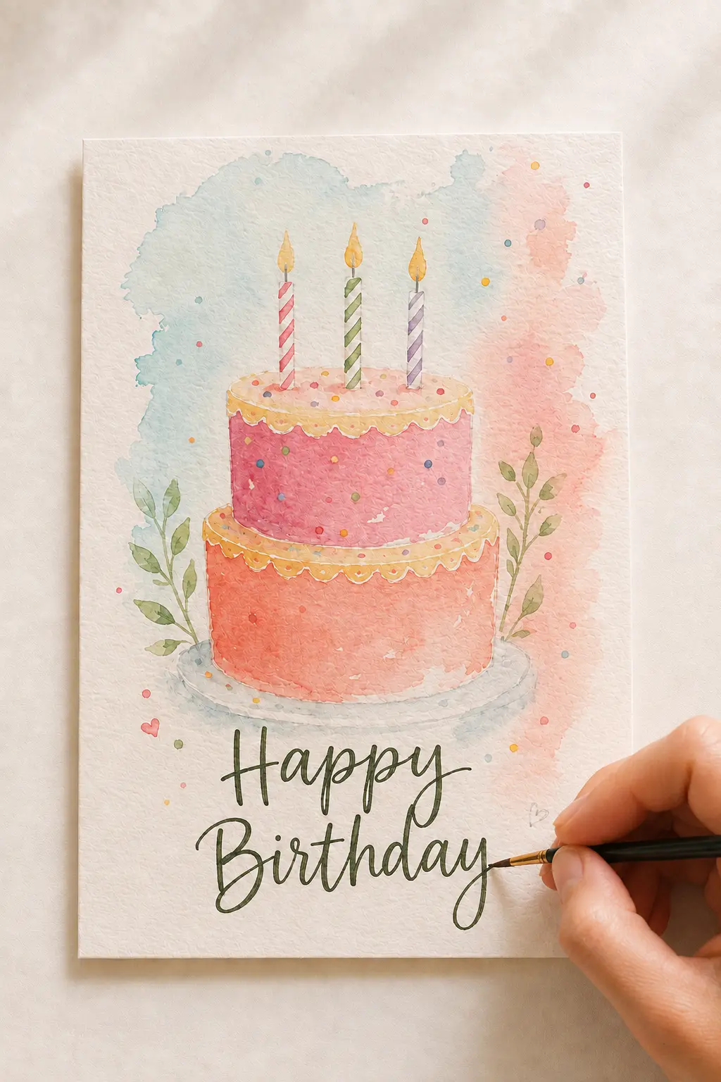 Hand-lettering Happy Birthday on an easy watercolor birthday card.